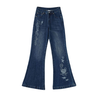 BETWEENAND 2026新款显瘦印花复古水洗微喇牛仔裤女垂感直筒裤子