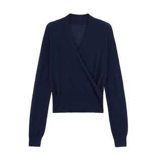 MULVAN 结构主义 羊毛V领套头长袖针织衫女交叉修身气质打底上衣