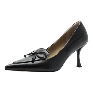 Nine West/玖熙黑色蝴蝶结尖头高跟鞋女亮皮细跟轻便通勤浅口单鞋