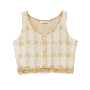 it'real瑞尔秋季新款法式复古针织格纹流苏肌理感外穿背心