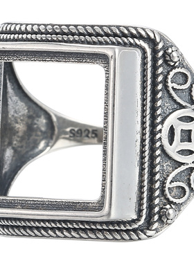 纯银方形戒指琥珀绿松石复古