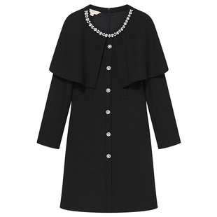 Goodland美地黑色斗篷钉珠长袖连衣裙收腰2026春季新款LC36105350