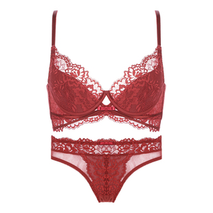 本命年内衣套装女大胸显小收副乳防下垂胸罩法式蕾丝红色文胸薄款