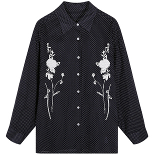 落落狷介 苎麻上衣2025年新款长袖黑色刺绣衬衫小个子宽松衬衣女