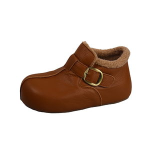 头层牛皮一脚蹬乐福加绒羊羔毛棉鞋大头全包小个子内增高博肯鞋女