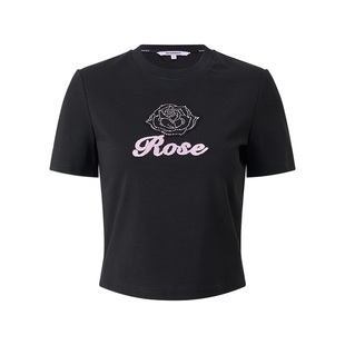 【2件8折】MAXRIENY精致优雅感玫瑰钉珠绣花短袖T恤女截短上衣