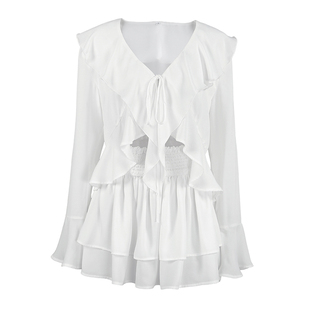 Women Suits欧美女士套装V领系带荷叶边长袖上衣休闲短裙