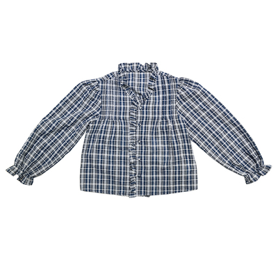 啦芙莱春季花边设计格子长袖衬衫