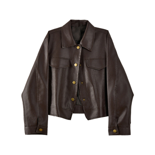 美拉德风咖色皮衣机车服女款2025新款秋季休闲宽松翻领皮夹克外套