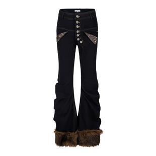 【蚀月镜】y2k古早轻亚毛绒拼接微喇叭牛仔裤女秋冬高腰修身长裤