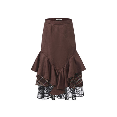 麂皮格纹拼接下摆蛋糕裙半身裙