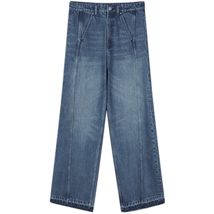 LESS春秋水洗牛仔裤女设计感高腰宽松休闲拖地阔腿裤子2O8E12680