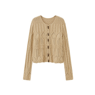 CROWNLESS未冕26春季新品亲肤羊绒棉 重工绞花橄榄型木扣圆领开衫