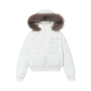 y2k轻亚比白色连帽棉服女款冬季加厚毛领短款棉衣外套宽松面包服
