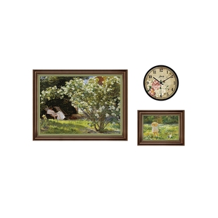 美式餐厅原木风装饰法式复古挂画莫奈油画客厅背景墙钟表组合壁画