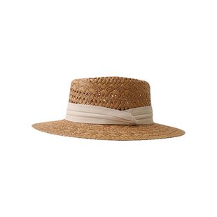 法式平顶复古休闲小礼帽草帽沙滩帽女夏天海边遮阳帽大檐草编帽子