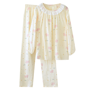 圆领套头长袖睡衣女士春秋季纯棉纱布蕾丝绉纱长裤薄款家居服套装