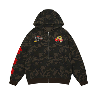 BIPOLARxMAOZY 猫耳迷彩开衫连帽卫衣美式休闲圆领上衣外套男女款