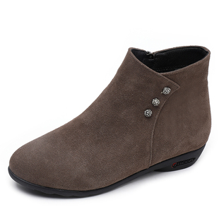 翻毛皮短靴女冬季加绒妈妈棉鞋2023新款真皮软底中年保暖防滑靴子