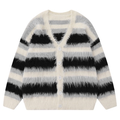 V领马海毛条纹开衫毛衣外套