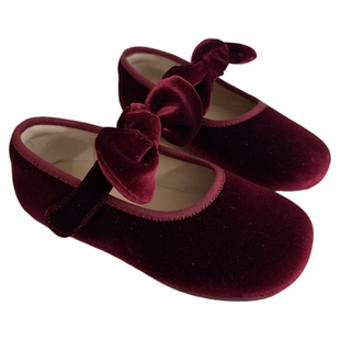 韩版童鞋2025女童秋冬新款蝴蝶结金丝绒公主皮鞋儿童红色新年单鞋