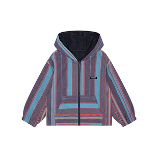 VISION童装 美式复古色织条纹双面穿连帽牛仔外套男女儿童26春新