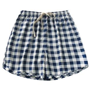 日系格子睡裤男女夏季人造棉棉绸薄款情侣家居裤短裤大裤衩沙滩裤