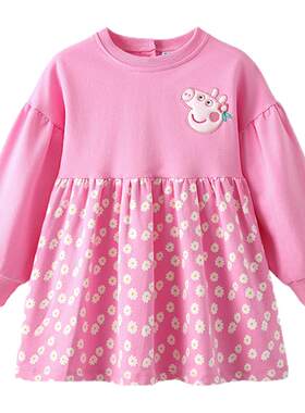 小猪佩奇女童连衣裙宝宝中小童卫衣裙春秋洋气高级粉色圆领长袖裙