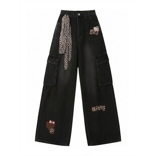 特大码胖mm黑色甜酷风kt猫刺绣牛仔裤女时尚气质豹纹设计阔腿裤子