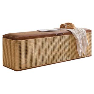 藤编换鞋凳家用门口实木藤编长凳收纳箱多功能玄关凳子储物长凳