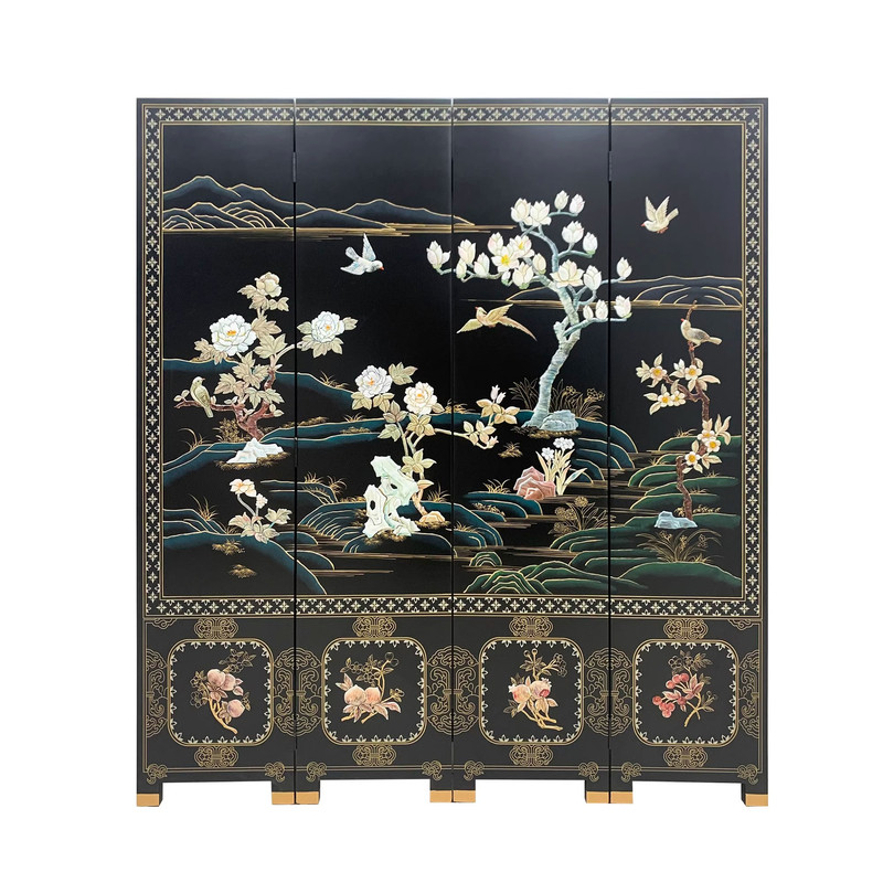 中式黑色手绘花鸟屏风隔断