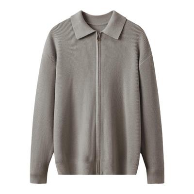 收留针织开衫绵羊毛翻领竖条纹理