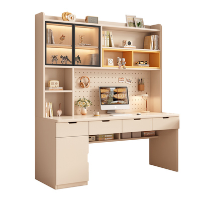 书桌书架一体组合实木电脑桌