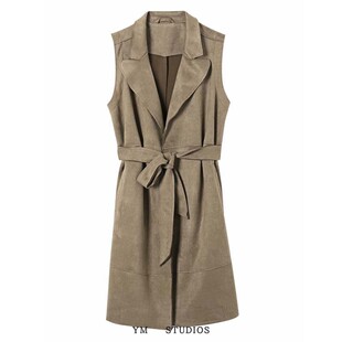 欧美女装    欧洲站麂皮绒绒面质感中长款马甲外套腰带饰百搭马夹