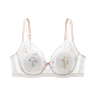 怡倩【显小双层杯】大胸内衣女夏薄款收副乳白色性感蕾丝文胸套装