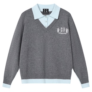 MEDM 撞色POLO领假两件叠穿薄款毛衣潮流男女老钱风休闲针织衫冬