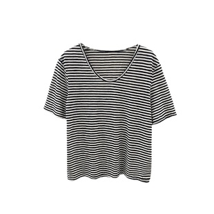 薄款v领亚麻条纹t恤女短袖夏季2025年新款独特宽松冰丝棉麻小上衣