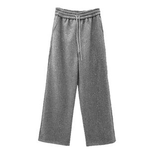 灰色闪钻休闲加绒毛呢裤子女冬季大码高级感阔腿慵懒松弛感梧桐裤