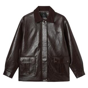 热风2025年秋季新款女士翻领宽松中长仿皮亮面夹克挺括有型