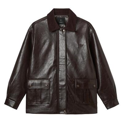 热风2025年女士翻领中长仿皮夹克