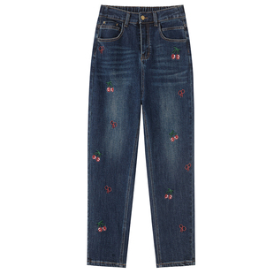 加绒松紧高腰哈伦牛仔裤女秋冬季2025款小个子大码胖mm老爹萝卜裤