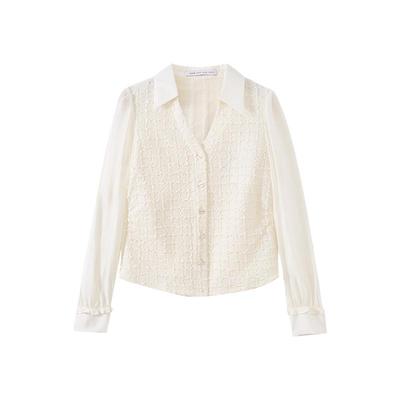 水云间杏色v领长袖衬衫女式衬衣通勤翻领上衣内搭叠穿2025春新款