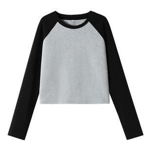 班尼路S&K系列灰色长袖t恤女秋季新款撞色修身内搭打底衫上衣女Q