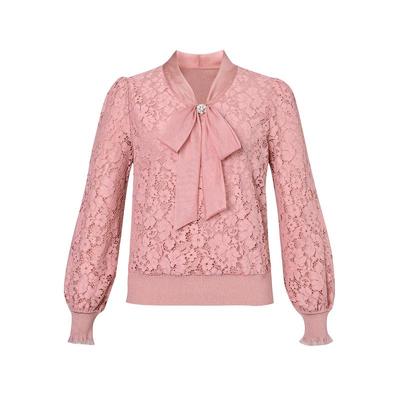 【盈动绽放】珂莱蒂尔春季优雅蕾丝蝴蝶结长袖针织衫淑女通勤