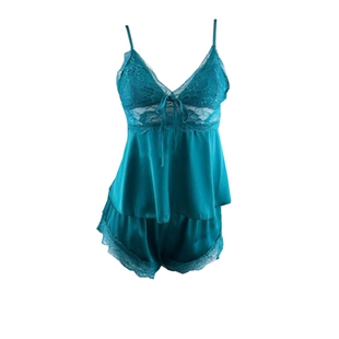 卡布里蓝 绝版vs同款冰丝缎面吊带睡衣套装带胸垫性感显白家居服