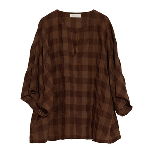 袖口抽褶设计~格纹宽袖v领T恤 色织棉麻宽松上衣 InchLim