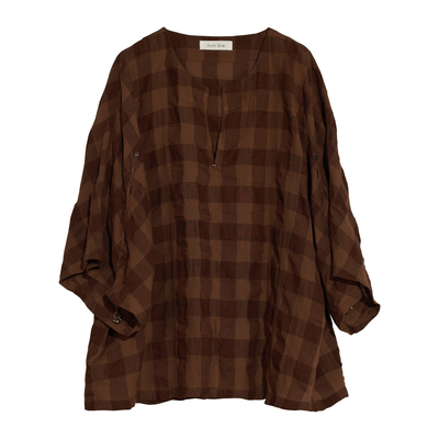 棉麻格纹宽袖抽褶v领T恤