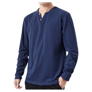 2026新款V领扣子潮流男士长袖T恤纯棉秋衣打底衫纯色体白上衣服