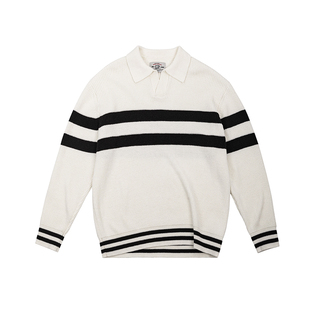 MRA男装IVY海鸥领POLO毛衣学院老钱风条纹白色加厚翻领针织衫潮冬