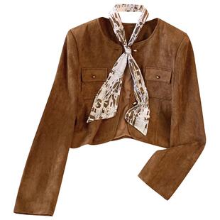 安克拉酒红色麂皮圆领外套女2026春秋季新款高级感小香风短款夹克